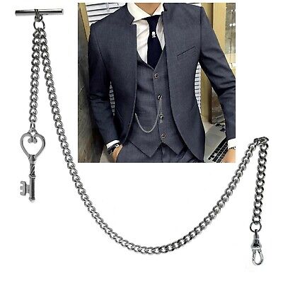 Pocket Watch Chain Silver Albert Chain for Men with Vintage Key Fob T Bar  AC128 | eBay