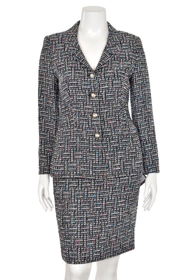 *¡BRILLANTE!* Traje Chaqueta y Falda Escada 2 Piezas en Negro/Blanco Multi Brillo talla 8 Foto 2 de 4