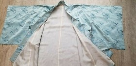 Vintage Blue Satin Floral Jacquard Long Kimono with Belt - Made in Japan