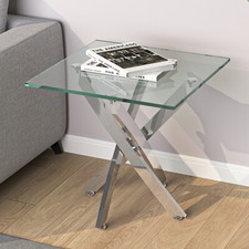 Tempered Glass Top Chrome Living Room Coffee Table Clear Modern Square Tea Table