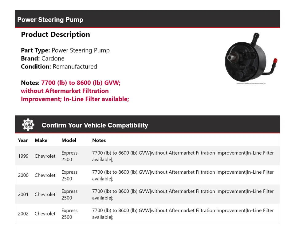 Bomba de direção hidráulica Cardone 2000 2001 para 1999-2002 Chevrolet Express 2500 - Imagem 2 de 4