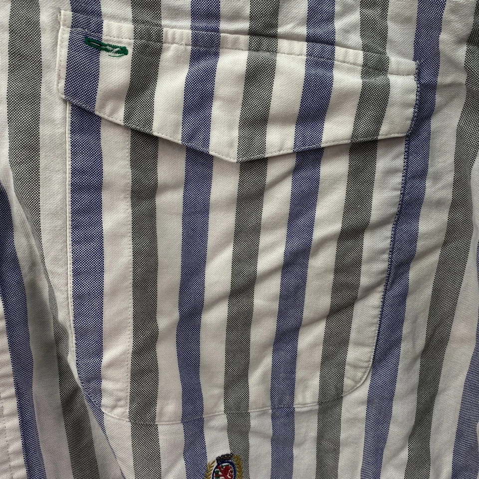 Tommy Hilfiger Mens Large Button Down Shirt Blue White Grey Stripe Pockets Crest - image 4 of 4