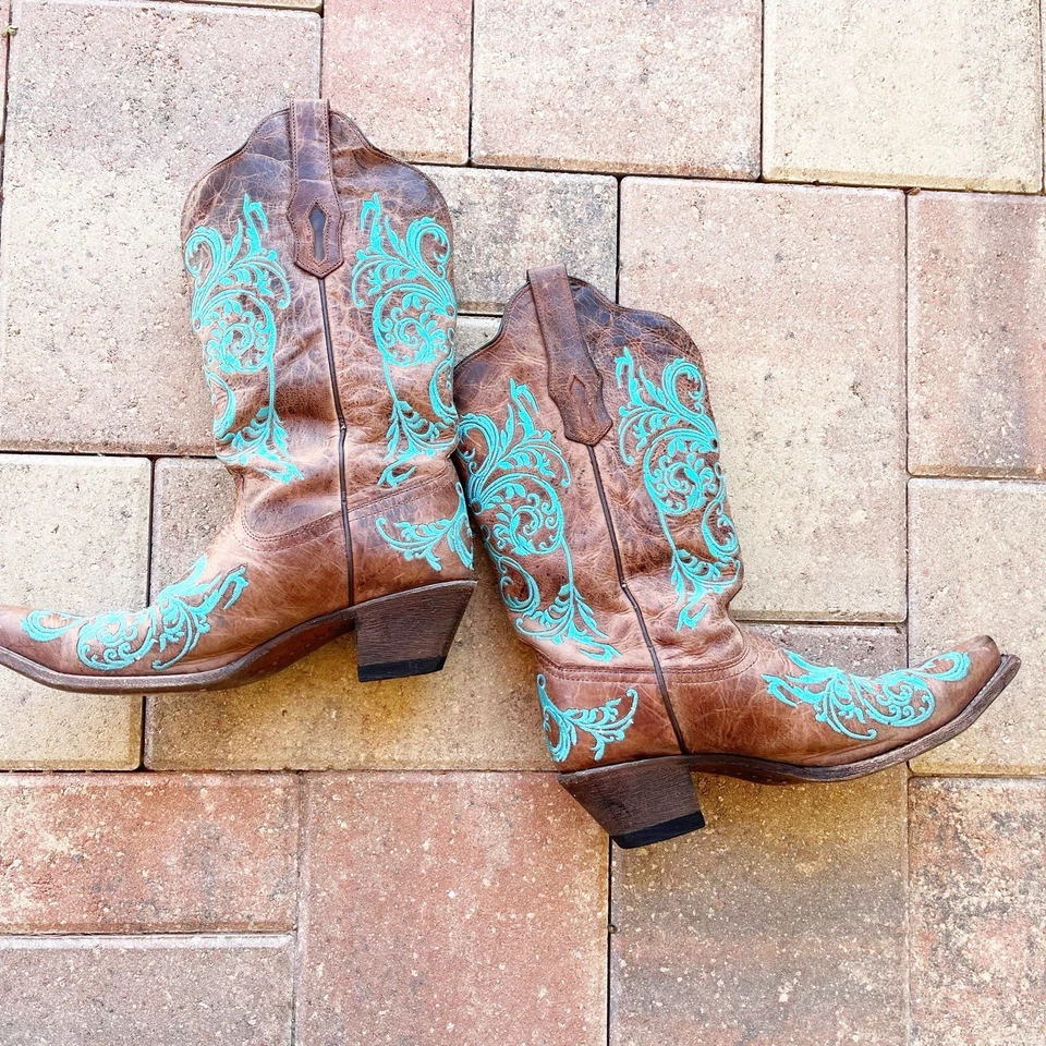 Bota Western Corral Mujer R1193 Dahlia Bordada Marrón Turquesa Talla 9.5 Foto 2 de 4