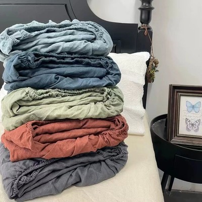 100% Linen Fitted Bed Sheet Set (1 Fitted Sheet + 2 Pillowcases) Breathable Soft