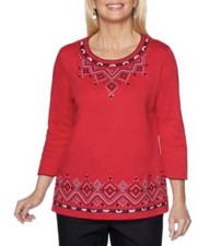 Alfred Dunner Plus Size 3X Top Aztec Print Embroidered Tunic 3/4 Sleeves Casual