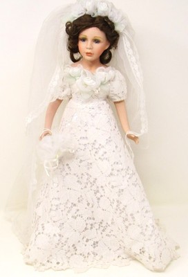 Woman Bride Wedding Doll 18'' Brown Hair Blue Eyes White Dress Collectible GC FS