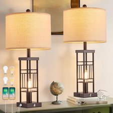 Set of 2 Farmhouse Table Lamps with USB Ports  Dimmable Bulbs Included