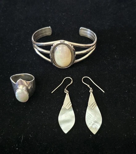 Sterling Silver Mother of Pearl Jewelry Set Bracelet Ring Vintage