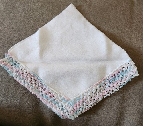 Vintage Pink, Blue & White Crocheted/Natted Edged Handkerchief - Picture 3 of 8
