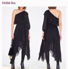 NWT Farm Rio One Shoulder Midi Dress Black With Polka Dots Sz large