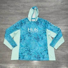 HUK Fishing UPF Performance Lightweight Hoodie Mens XXL Blue Camo Hiking Trail