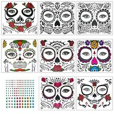 8 Pcs Halloween, Day of The Dead Face, Skeleton Tattoo inc Rhinestones