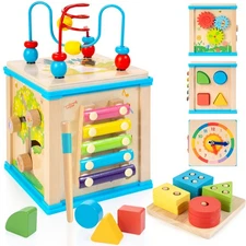 Wooden 7-in-1 Activity Cube, Montessori Toys for 1 Year Old Toddlers, Baby Ed...