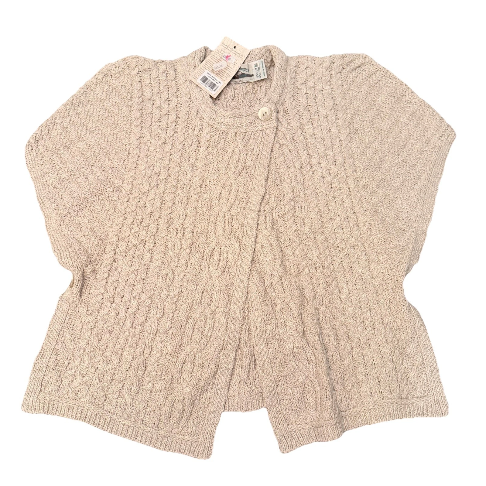 Aran Crafts Irish Linen & Cotton Cape Sweater M/L Made Ireland Cable Knit NWT