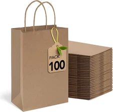 100 Pack Brown Kraft Paper Gift Bags 5.25x3.75x8 Inch with Handles