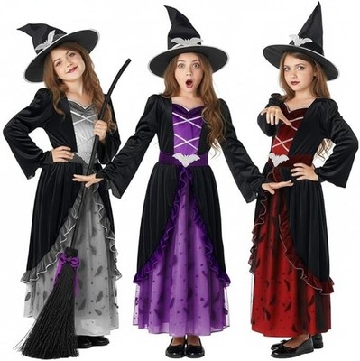 Deluxe Girls Red Witch Costume + Hat Kids Toddler Halloween Dress