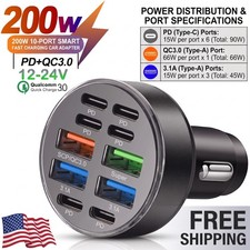 200W 10 Port Car Charger Fast Charging PD QC3.0 Type C Adapter iPhone Samsung