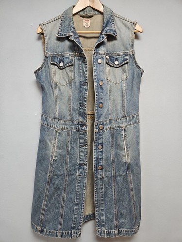 Y2K Retro Miss Sixty Dark Blue Distressed Denim Sleeveless Jacket Dress Size L - Picture 11 of 18