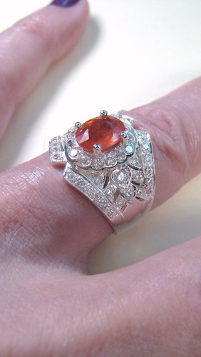 ORANGE & WHITE SAPPHIRE RING 1.86 CTW #7.75 WHITE GOLD over 925 STERLING SILVER - Picture 2 of 11