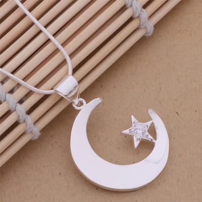 Versilberte Mond & Stern Schlangenkette. 18 Zoll-46 cm Geschenk Kristall. 925 Sterling