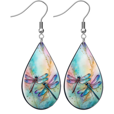 Teal & Pink Dragonfly Earrings Watercolor Art Print Dangle Wood Teardrop