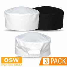 3 x BN Black White Vented Cotton Twill Poly Breathable Chef Hats with Elastic