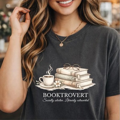 Booktrovert Stack of Books Coffee Comfort Tee Reading Lover Gift