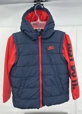 Nike Boys Large Puffer Hoodie Vest Jacket Blue Zipper Pockets Youth Just Do It