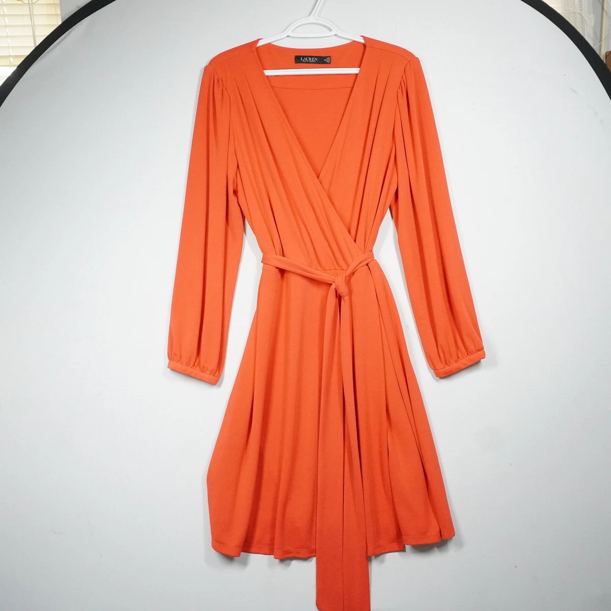 strapless open back dress Lauren Ralph Lauren Belting-Print Belted Crepe Dress in Orange main image 0