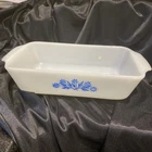 VTG Anchor Hocking White Milk Glass 9x5 Blue Cornflower 1 Qt Bread Loaf Pan 441