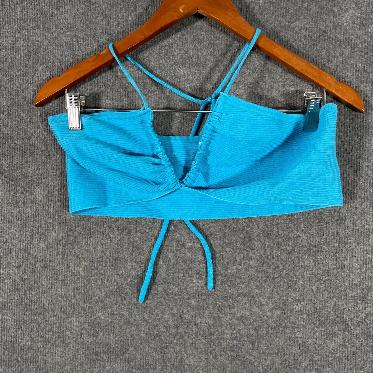 Glassons Top Womens Large Blue Crop Ribbed Knit Fitted Retro Festival Z18