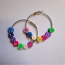 Gold Hoop Flowers Floral Multicolour Flower Earrings NEW IN PACKAGE
