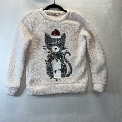Womens Long Sleeve Crew Neck Holiday Christmas Cat Pink Pullover Sweater Xsmall