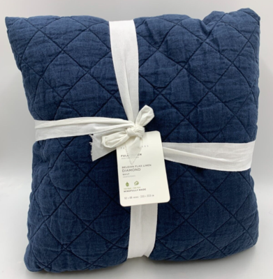 Pottery Barn Belgian Flax Linen Diamond Quilt Midnight Blue Full