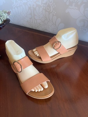 MARIELLA Tan Leather 2 Strap Buckle Platform Wedge Slides Sandals Size 7 | eBay