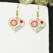Cute Gold White Multicolor Enamel Flower Heart Charm Hook Dangle Drop Earrings