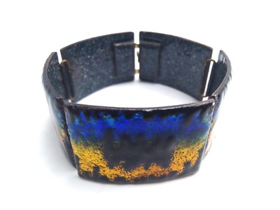 Ancien Bracelet Articulé En émail Des Années 1960 - Bijou D'artiste, Métal Argenté Et Ormeau, Occasion