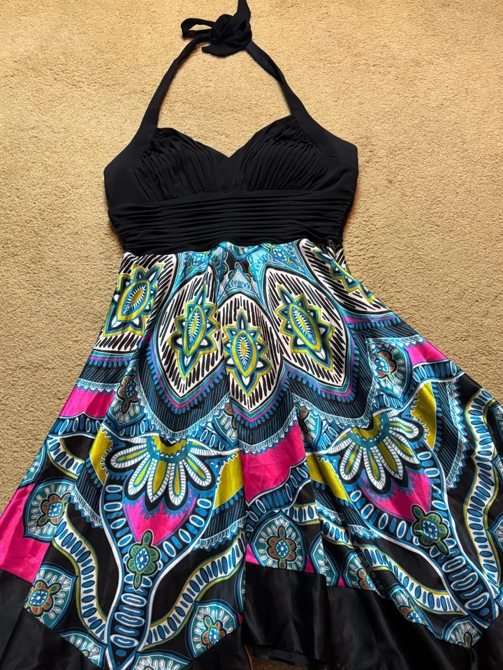 Cato Black Bustier Halter Satin Scarf-Hem Fit & Flare Midi Cocktail Dress 16 - Image 2 of 4