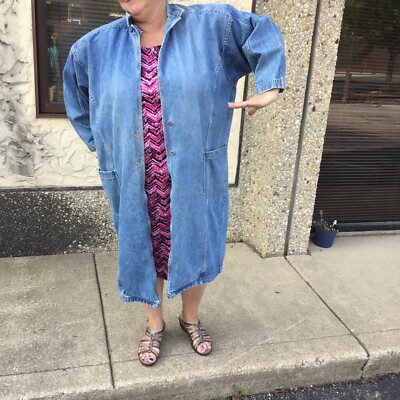 Vintage CHerokee Denim Trench Coat Womens Y2K Duster 90s Shoulder Pad USA  size M