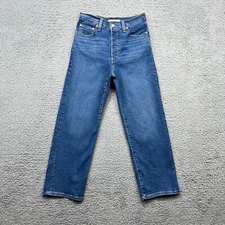 Levi's Ribcage Jeans Womens 28 Blue Straight Ankle High Waist Whiskers Faded