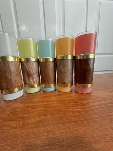 Vintage Libby Siesta Ware Tiki Glasses Six Pastel Colors Walnut Wrap Lot Of 6 - Picture 3 of 12