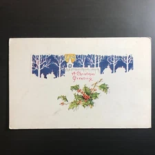 Postcard Embossed A Christmas Greetings Snowy Houses Holly