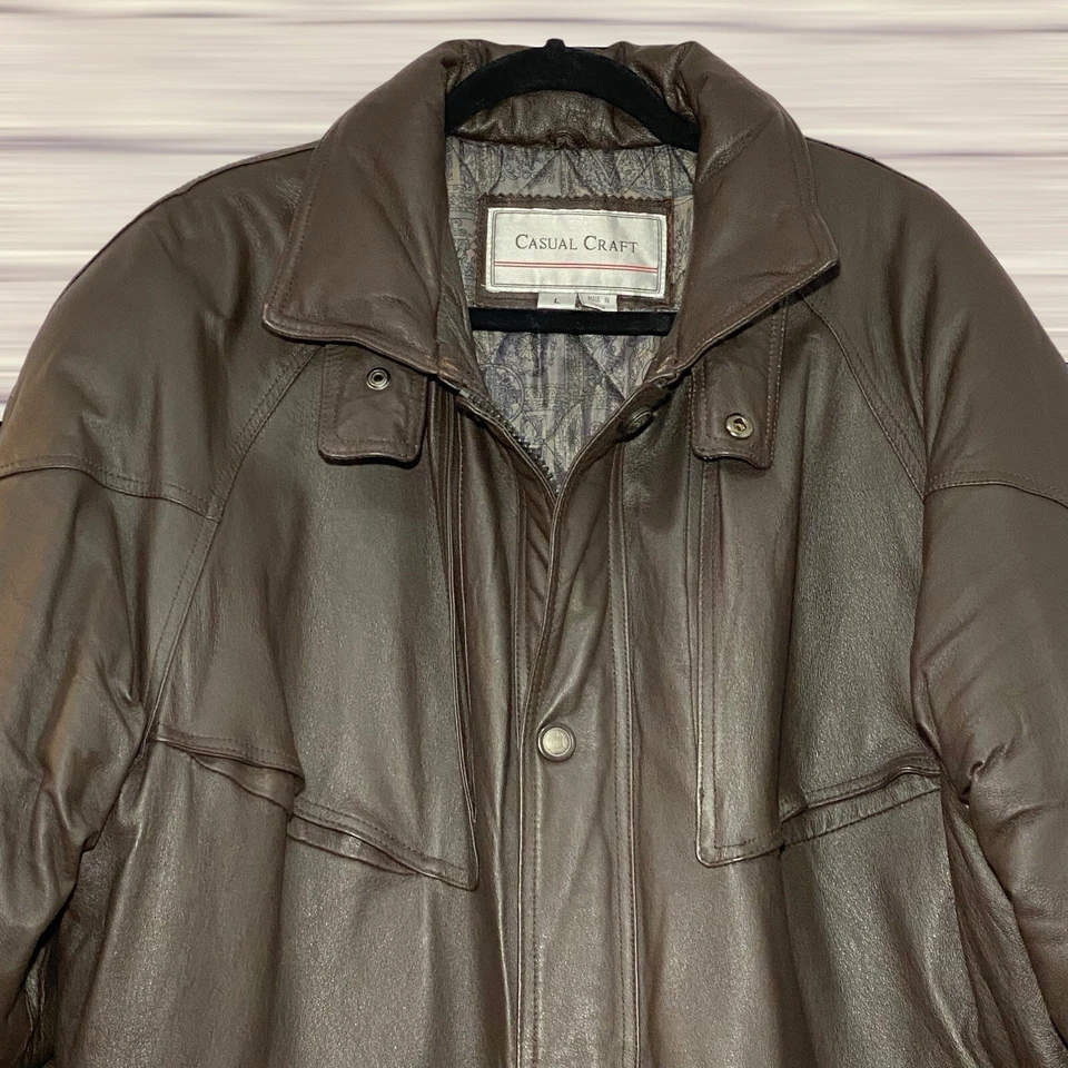 Vintage Casual Craft Genuine Leather Lined Inner/Outer Pockets Men's Coat Jacket - Image 2 of 4