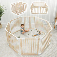 Baby Gate Playpen - 57 X 57 X 25 In, Extends up to 228 - Pine Wood Foldable Pla
