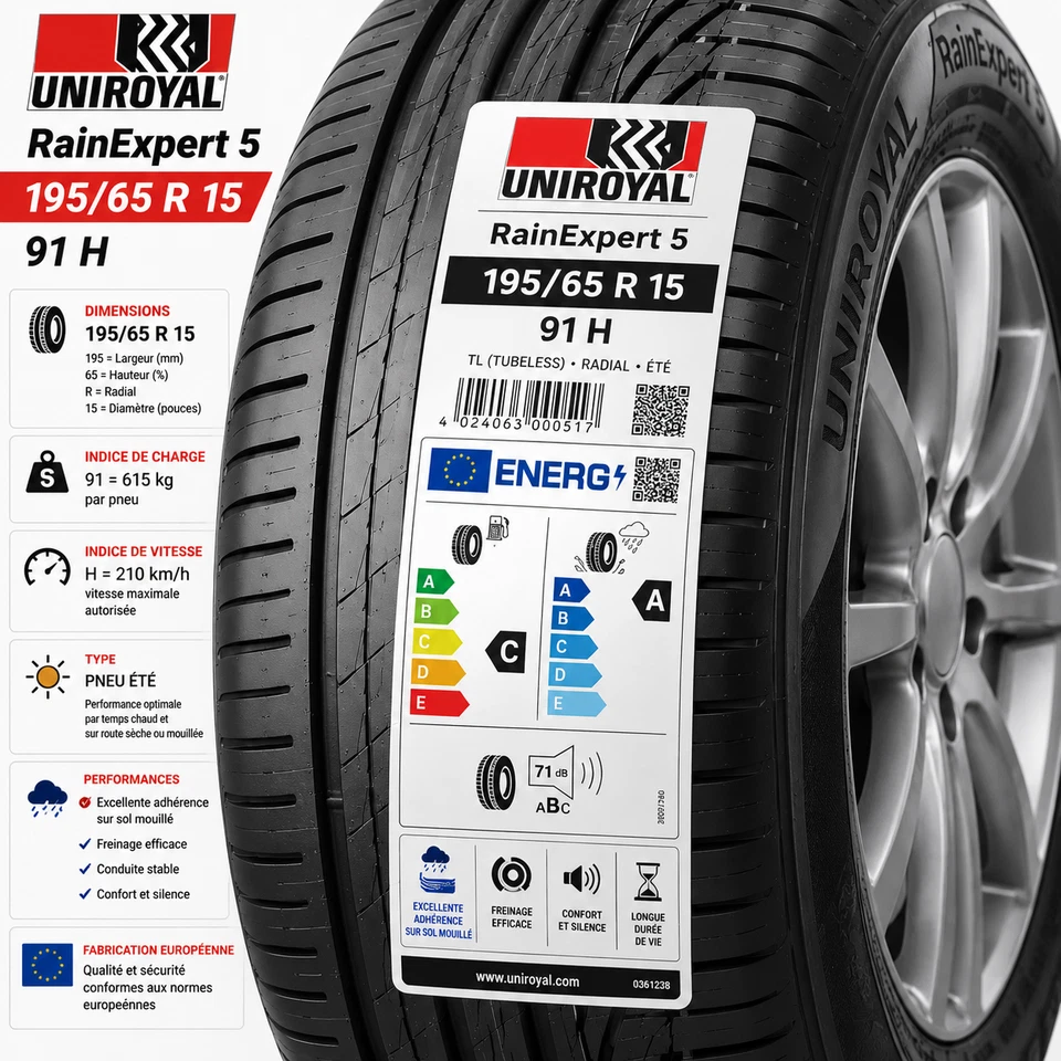 2 Pneus NEUFS UNIROYAL RainExpert 5 195/65 R15 91H Été Premium - Photo 2/4