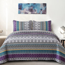 Boho Quilt Set King Size, Purple Bohemian 3 Pieces Quilt Sets, Lightweight Bedsp