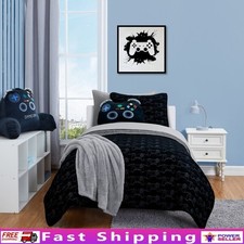 Kids Reversible Quilt Set W/ Sheets Gamer Twin 5 Pcs Soft Microfiber Black Gray