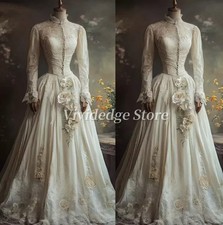 Vintage Medieval Wedding Lace Bridal Gowns Appliques Prom Dresses Evening Gowns