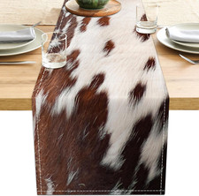Linen Cow Print Table Runner 13X71 Inch Farmhouse Western White Brown Cowhide Ru