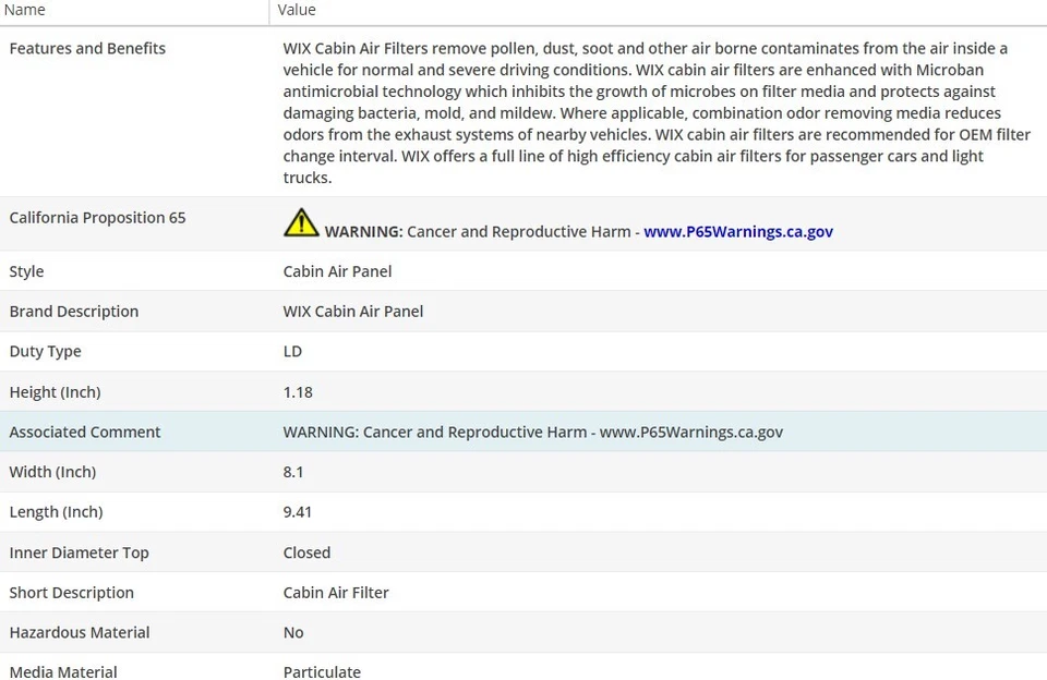 Filtro de ar de cabine OEM WIX para GMC CANYON 2015-2022 V6-3.6L - Imagem 2 de 4